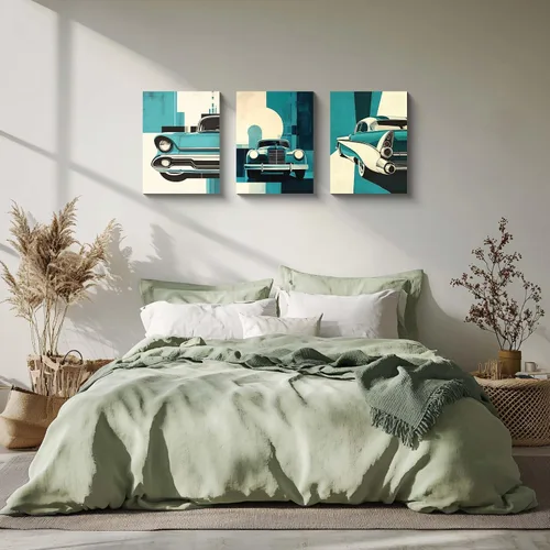 Vista 6 de NAN Wind 3 piezas de arte retro para pared de automóvil, impresión vintage clásica, verde azulado, azul, fondo geométrico abstracto de mediados