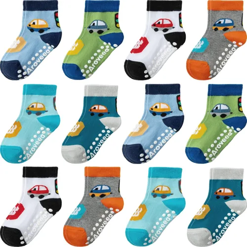 Vista 35 de Calcetines antideslizantes con agarre para tobillos, paquete de 12 unidades para niños pequeños, niños y niñas, lindos calcetines de algodón