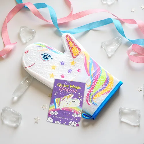 Vista 2 de Guante de horno de silicona con diseño de unicornio mágico con purpurina, guantes de cocina resistentes al calor, silicona suave, forro de tela