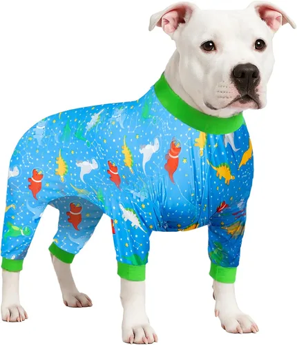 Vista 14 de Lovinpet Ropa para perros Pitbull – Lucky Stars - Ropa acogedora para perro, ajuste delgado, mameluco de Pitbull, pijama ligero sin botones, pijamas