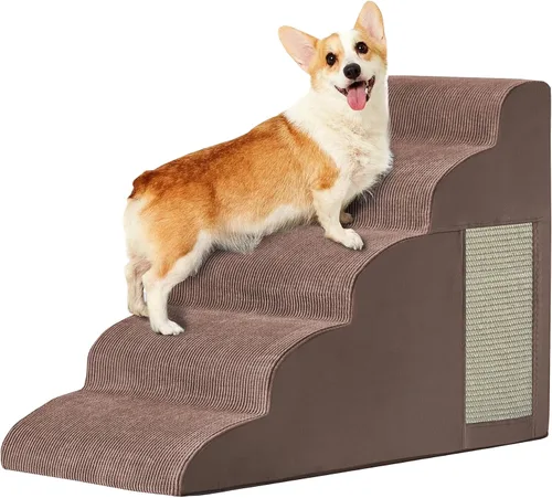 Vista 9 de Escaleras de perro para cama, escaleras para perros pequeños, rampa para perros de 2 peldaños para cama, sofá, sillón y sillas, diseño Beige