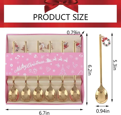 Vista 5 de JapanAmStore - 6 cucharas de café de acero inoxidable con colgante de Navidad, cuchara de sopa, cuchara de té, cuchara de postre para decoración