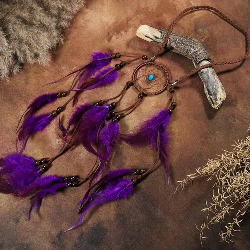 Vista 3 de Gangel Diadema de plumas turquesas, tocado indio gitano, atrapasueños, hippie, plumas, con plumas moradas, cuerda de cáñamo larga con borla