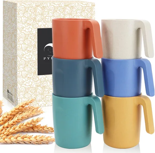 Vista 18 de PYRMONT Juego de 6 tazas de paja de trigo, tazas de café de plástico reutilizables, tazas de té con asas, juego de tazas de 16 onzas para café