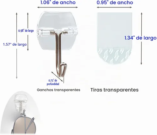 Vista 4 de Pequeños ganchos de pared de alambre transparente, 15 ganchos con 20 tiras