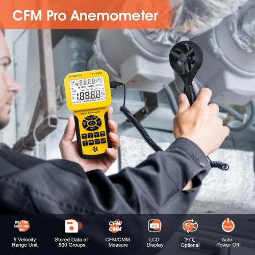 Vista 4 de BTMETER Kit de anemómetro y manómetro de doble puerto Pro CFM - 12 unidades Amarillo claro