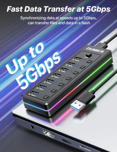 Vista 3 de Hub USB RGB, 7 puertos USB Splitter transferencia de datos para juegos, hogar, oficina, escuela USB 3.0 Hub with RGB LED Strip - Individual LED