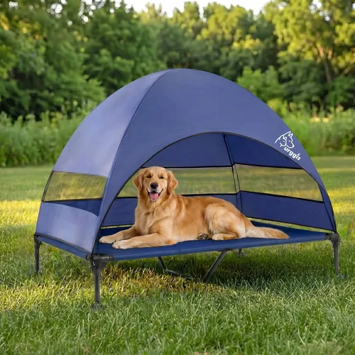 Vista 10 de Cama elevada mejorada para perros con toldo, cama elevada portátil para perros al aire libre con pies antideslizantes estables, cama para mascotas