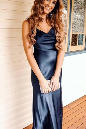 Vista 6 de Vestidos de dama de honor de satén con tirantes delgados, vestidos largos con cuello vuelto, vestidos de graduación, vestido de noche formal