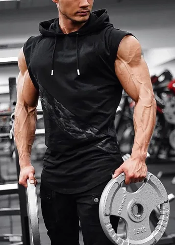 Vista 5 de MECH-ENG Camiseta sin mangas con capucha para hombre, camiseta atlética sin mangas, para culturismo, fitness, recortada, sudadera con capucha