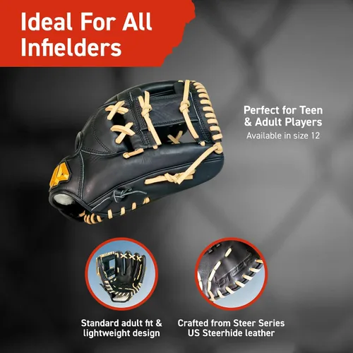 Vista 3 de 44 Pro Steer - Guante de béisbol para campo interior, guante de campo, construcción de cuero de primera calidad para adultos y jóvenes, 12 pulgadas