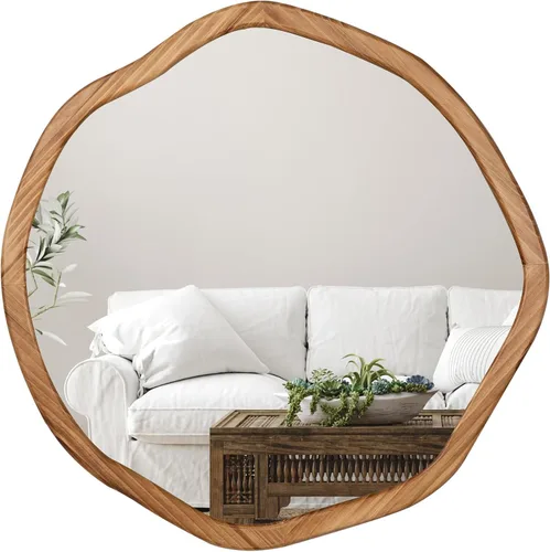 Vista 8 de ULIKE Espejo redondo de madera, espejo de pared circular irregular de 24 pulgadas con marco de madera, soporte de pared decorativo rústico