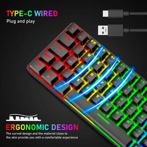 Vista 5 de Combo de teclado y mouse mecánicos con cable al 60%, mini 62 teclas ultracompactas, efectos retroiluminados de arco iris tipo C Chroma 20