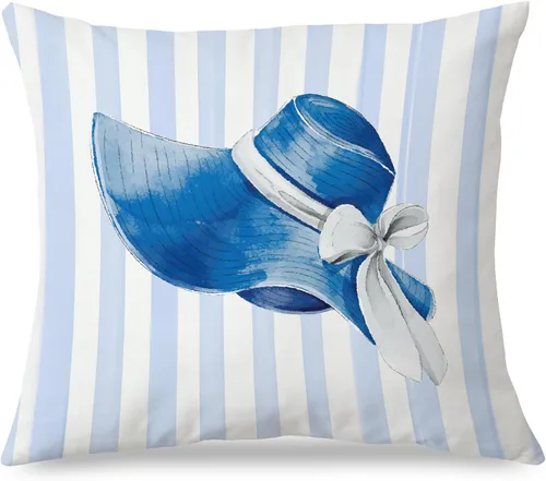 Vista 21 de Fundas de almohada costeras de langosta, fundas de almohada náuticas de langosta roja de Nueva Inglaterra con rayas azules y blancas para casa