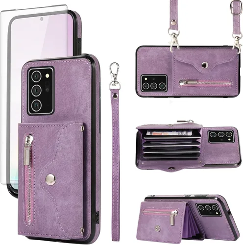 Vista 10 de Funda para teléfono Samsung Galaxy Note 20 Ultra 5G con protector de pantalla, correa cruzada para muñeca, cordón para tarjetas de crédito Note20