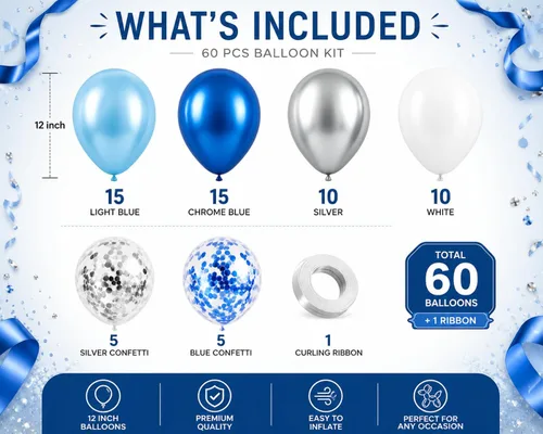 Vista 2 de Kit de guirnalda de globos azules y blancos plateados, 60 globos de látex de confeti azul cromado, blanco y plateado de 12 pulgadas para baby