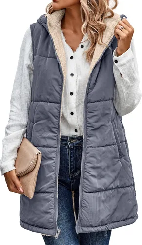 Vista 17 de ECOWISH Chaleco largo acolchado para mujer: chaqueta de forro polar reversible con cremallera para otoño 2025, abrigo de invierno cálido sin mangas