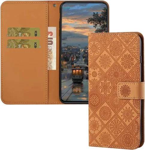 Vista 13 de Funda compatible con iPhone 12 Mini con tarjetero de cuero con tapa abatible, estampado retro con función atril, funda protectora magnética