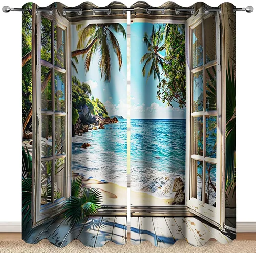 Vista 9 de Cortinas Opacas de Playa Oceánica con Palmeras Costeras, Conchas y Estrellas de Mar, Decoración de Costa, Cielo Azul Soleado de Verano, Cortinas