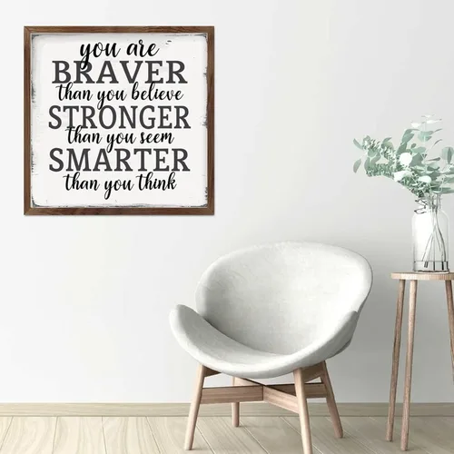Vista 2 de Farmhouse Rustic Wood Framed Signs 7x7 Inch,Youre Braver Than You Believe Wooden Sign with Frame Modern Wood Sign Wall Plaque Art for Kitchen