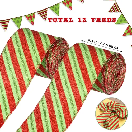 Vista 2 de 2 rollos de cinta de Navidad con puntos con alambre con rayas para envolver con alambre, cinta de tela colorida, cintas decorativas de Navidad