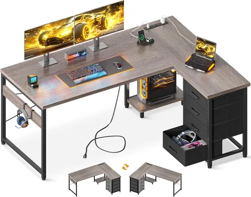 Vista 11 de AODK Escritorio para juegos en forma de L con 4 cajones, escritorios reversibles de oficina en casa de 53 pulgadas con tomas de corriente