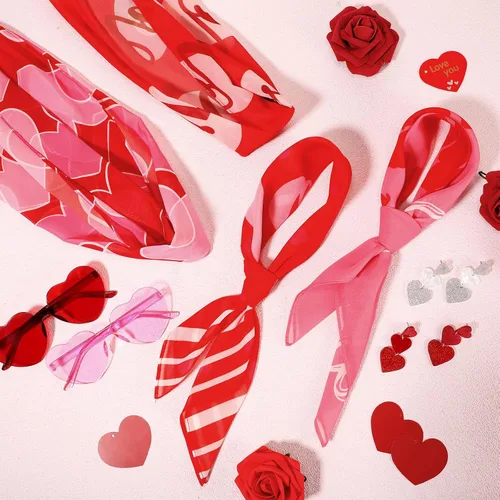 Vista 2 de Cutecrop Kit de 8 accesorios de San Valentín, 2 chales de gasa para el día de San Valentín y 2 bufandas cuadradas de satén con estampado de corazón