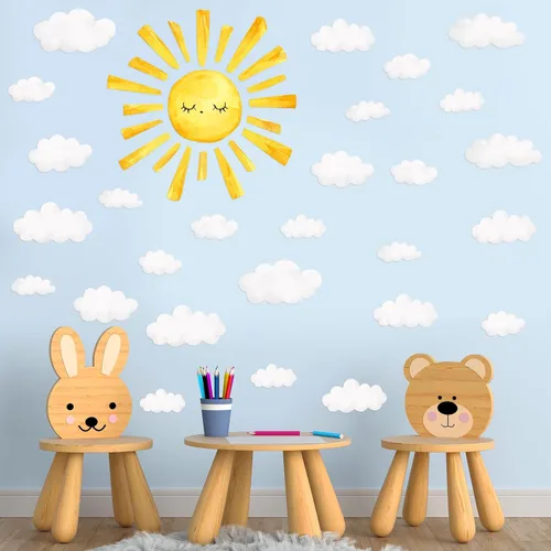 Vista 3 de Calcomanías de pared de sol y nubes, acuarela bohemia, calcomanías de sol para despegar y pegar, calcomanías de pared de sol de PVC, decoración