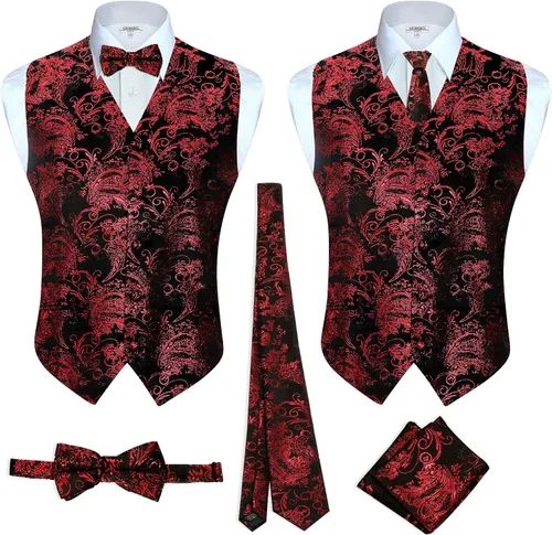 Vista 27 de Gioberti Chaleco formal de cachemira de 4 piezas para hombre, corbatín y pañuelo de bolsillo Negro B