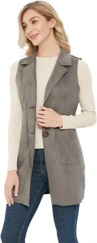 Vista 2 de Charis Allure Chaleco largo de gamuza sin mangas para mujer, con solapa y parte delantera abierta