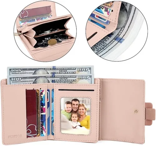 Vista 5 de FT Funtor Carteras RFID para mujer, billetera triple para mujer con bolsillo con cremallera para monedas, de cuero vegano, monedas, bolsillo