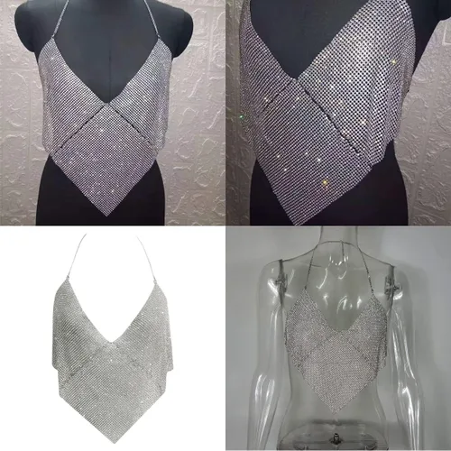 Vista 7 de Women Sexy Shiny Rhinestone Tank Top Deep V Neck Halter Metal Body Chain Crop Top Shirt for Night Club Party Rave Outfit