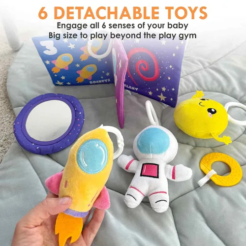 Vista 3 de QUOKKA Baby Play Gym XL - Alfombra de juego para bebé en forma de cohete con 6 juguetes sensoriales grandes, tapete para el desarrollo del bebé