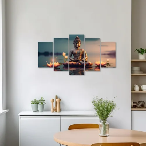 Vista 4 de ZXHYWYM Lienzo decorativo para pared, 5 piezas, estatua de Buda, pintura de loto, imágenes de loto, obras de arte de spa zen para oficina, 1