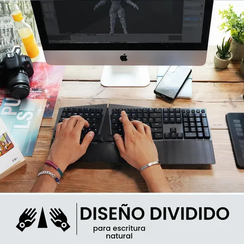 Vista 2 de Perixx PERIBOARD-835BL Teclado Mecánico Ergonómico Inalámbrico - Retroiluminación RGB - Interruptores de Clic Azules de Bajo Perfil - Conexión a