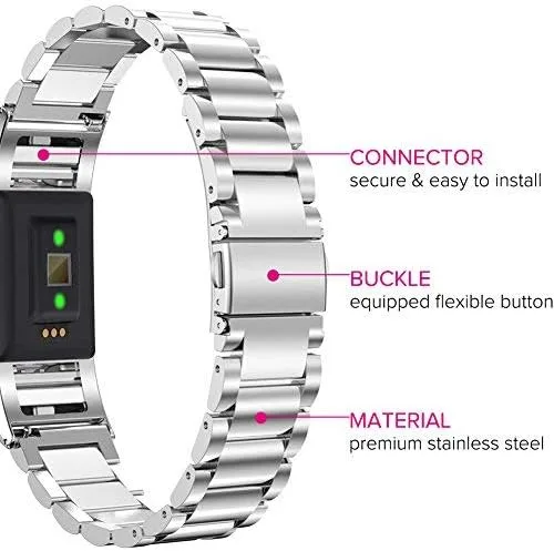 Vista 3 de Correa de repuesto Oitom de acero inoxidable, para Fitbit Charge 2, de calidad superior, para reloj inteligente, Plateado