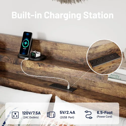 Vista 5 de Base de cama tamaño matrimonial con cabecera de almacenamiento, base de cama de plataforma con estación de carga y luces LED, listones de madera