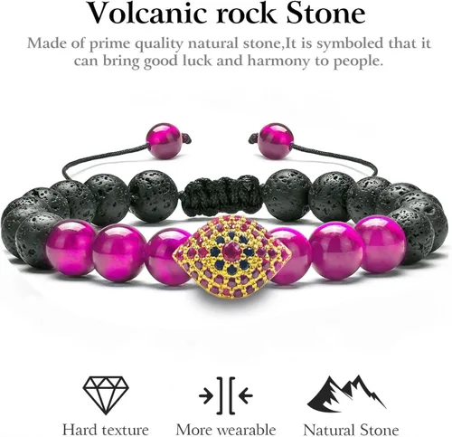 Vista 4 de Auoy Dhof Pulsera de piedra de ojo de tigre, pulsera de pareja con cuentas para mujeres y hombres, cadena de acero de titanio ajustable de 0.315in
