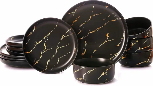 Vista 12 de Pokini Juego de vajilla de porcelana, juego de 12 platos y cuencos de porcelana de lujo, juego de platos verdes con borde dorado para boda