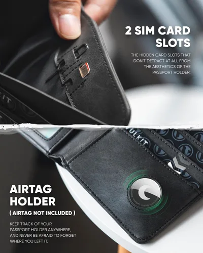 Vista 4 de VULKIT Cartera de pasaporte compatible con Airtag Holder Bifold Travel Card Holder, Negro
