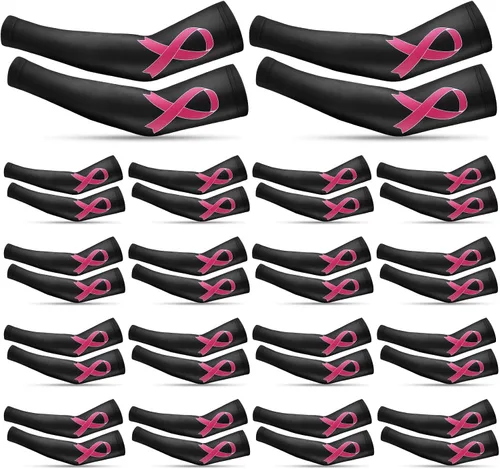 Vista 7 de Zhehao 18 pares de mangas de concientización sobre el cáncer de mama, mangas de compresión para brazos con cinta rosa, mangas de compresión