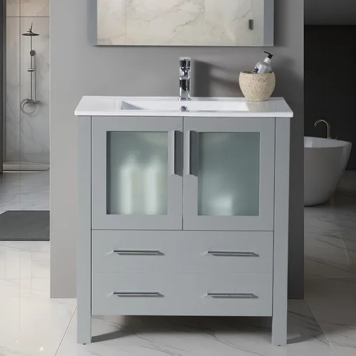 Vista 11 de Blossom Tocador de baño de madera maciza espresso de 16 pulgadas con fregadero, pequeño gabinete independiente con fregadero de cerámica y puerta