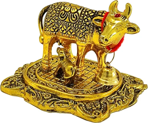 Vista 6 de NOBILITY Artículos de Pooja Regalo de Diwali Estatua de Metal de Vaca Kamdhenu Dorada Pequeña con Becerro Pieza Decorativa Muestra para Decoración