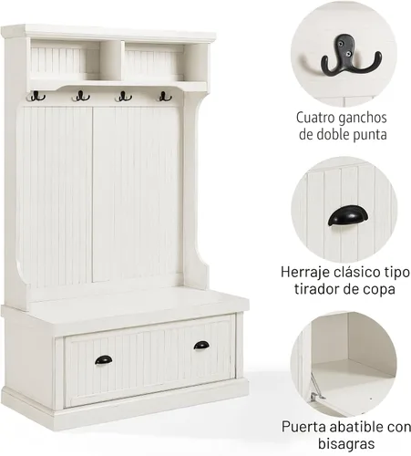 Vista 2 de Crosley Furniture - Hall Tree- Mueble para pasillo, Madera, Blanco gastado