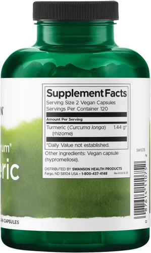 Vista 4 de Cápsulas Swanson Premium Brand de raíz de cúrcuma pulverizada, 720 mg, 1 Soporte para articulaciones, hígado y digestivo para adultos activos, sin