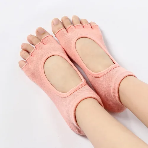 Vista 4 de Calcetines de yoga sin dedos para mujer, calcetines de pilates con agarres, de algodón, antideslizantes, con puntera abierta, para pilates, barra