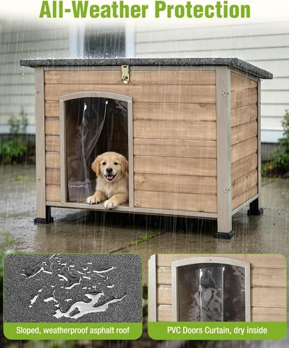 Vista 4 de Casa para perros de tamaño pequeño a grande, para interiores y exteriores, refugio para cachorros con piso elevado, perrera duradera e impermeable