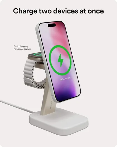Vista 3 de Mophie Soporte de carga inalámbrico 2 en 1, certificado Qi2, cargador MagSafe para iPhone y Apple Watch, estación de carga rápida con soporte