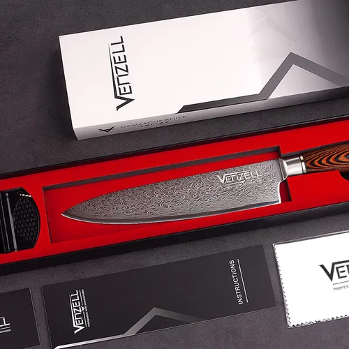 Vista 7 de VENZELL Cuchillo de chef hecho a mano de 8 pulgadas, cuchillo de acero inoxidable de Damasco de 67 capas, cuchillo de corte profesional HRC60±2