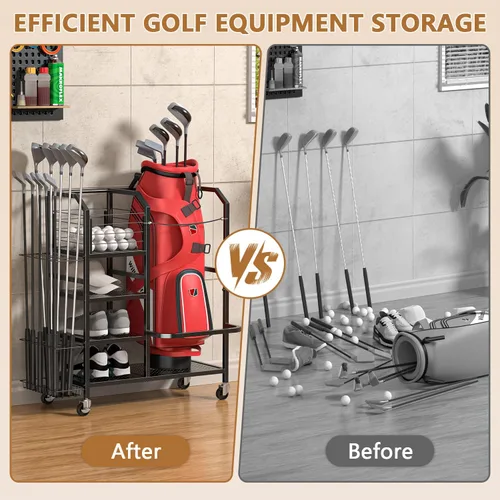 Vista 3 de Golf Bag Storage Organizer for Garage, Single Golf Bag Garage Organizer with Golf Club Rack, Shoe Shelves & Ball Storage, Rolling Golf Storage Rack